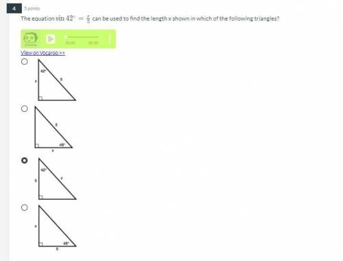 The equation Sin(42∘) = x/5 can be used to find the length x shown in which of the following triang