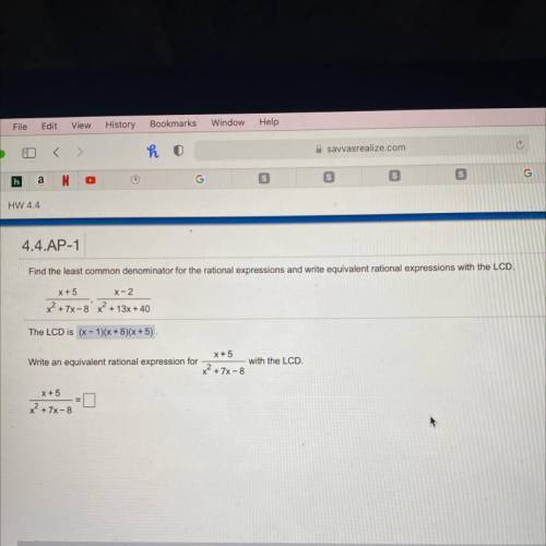 Write an equivalent rational expression for x+5 over x2+7x-8 with the LCD