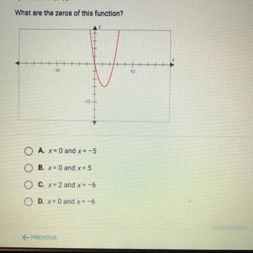 What are the zeros of this function?

to
O A. x= 0 and x=-5
O B. x= 0 and x=5
O C. x=2 and x= -6
D
