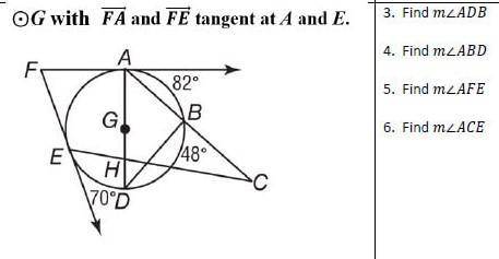 WILL MARK BRAILEST! G with FA and FE tangent at A and E.

Find mADB Find mABD Find mAFE Find mACEP