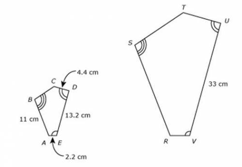 Help plz plz plz

Pentagon ABCDE is similar to pentagon RSTUV . The perimeter of pentagon ABCDE is