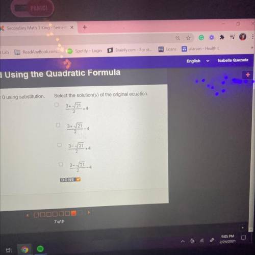 PLEASE HELP ME :(
(X+4)^2-3(x+4)-3=0
Select the solutions of the og equation