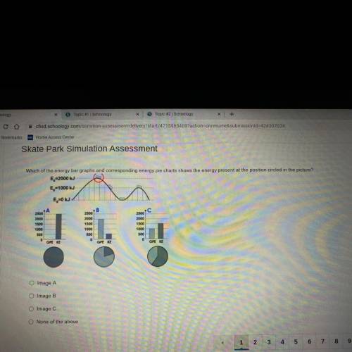 Which of the energy bar graphs and corresponding energy pie charts shows the energy present at the