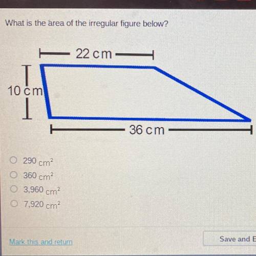 PLEASE ANSWER ASAP!

What is the area of the irregular figure below? 
A. 290 cm2
B. 360 cm2
C. 3,9