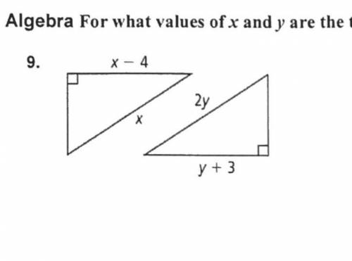 For what values of x and y are the triangles congruent by HL?