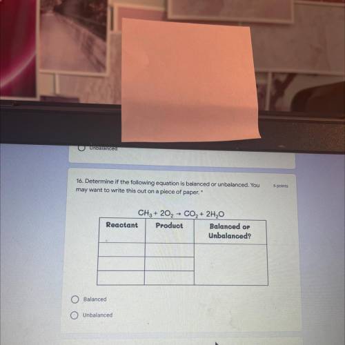 CH3 + 202 - CO2 + 2H2O

Reactant Product Balanced or
Unbalanced?
hurry and answer i need help