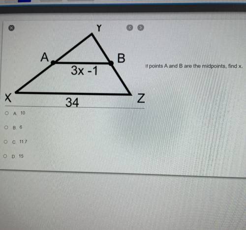 If points A and B are the midpoints, find x. (More info in picture)