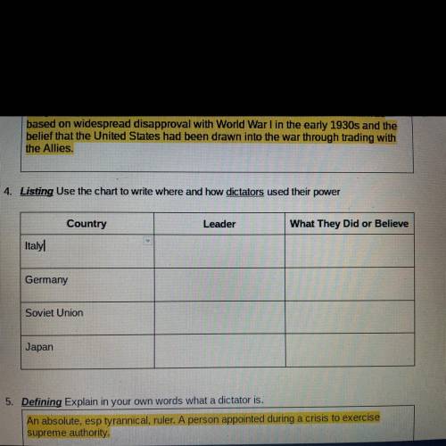 Use the chart to write where and how dictators used their power.

Countrys:
Italy
Germany
Soviet U