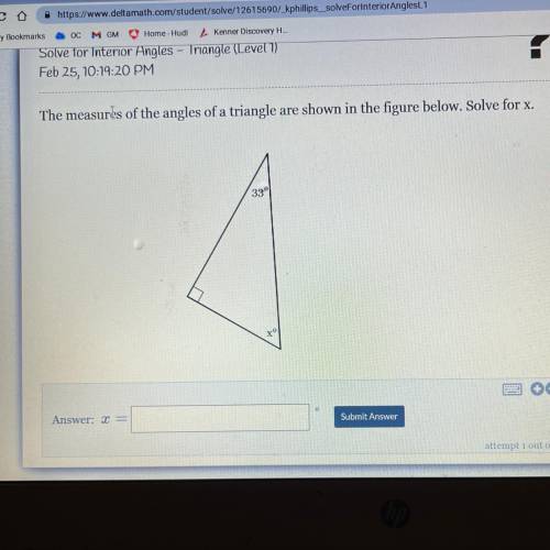 The measurts of the angles of a triangle are shown in the figure below. Solve for x.
33°
A