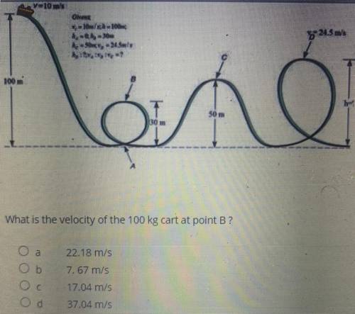 What is the velocity of the 100 kg cart at point b?