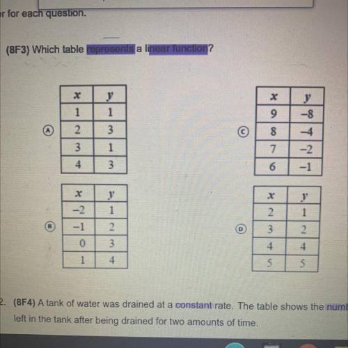 Which table represents a linear function ? ( show work )