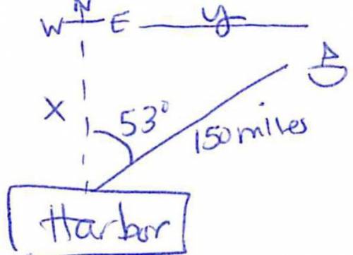 A boat leaves the entrance to a harbor and travels 150 miles on a bearing of N 59° E. How many miles