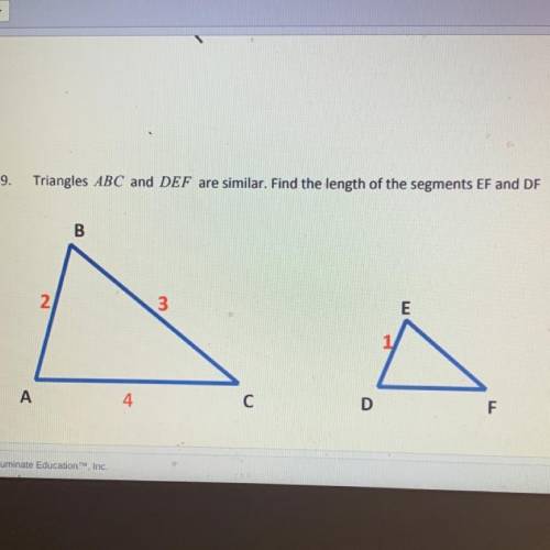 EMERGENCY 
Triangles ABC and DEF are similar. Find the length of the segments EF and DF