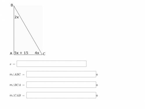 Find the value of x, and then use that value to determine each angle measure of the triangle.