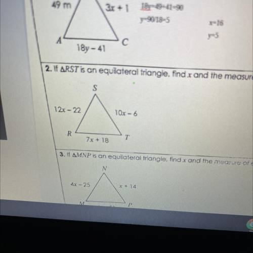 If ARST is an equilateral triangle, find x and the measure of each side.
12x-22=10x-6=7x+18