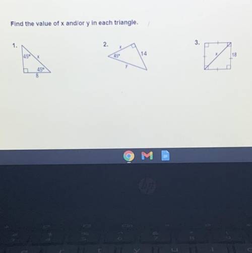 Find the value of x and/or y in each triangle.