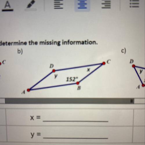 Please help this is due today

Given parallelogram ABCD determine the missing information 
Don’t a