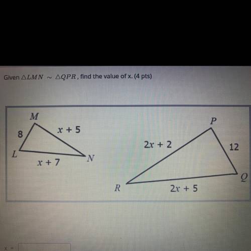 Given LMN ~ QPR, find the value of c