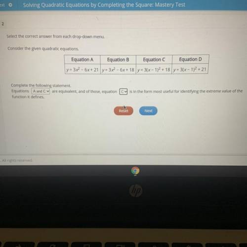 2

Select the correct answer from each drop-down menu.
Consider the given quadratic equations.
Equ