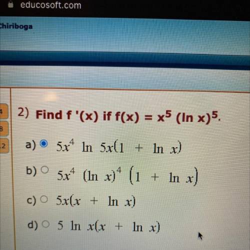Find f’ (x) if f(x) = x ^ 5 * (ln(x)) ^ 5 .