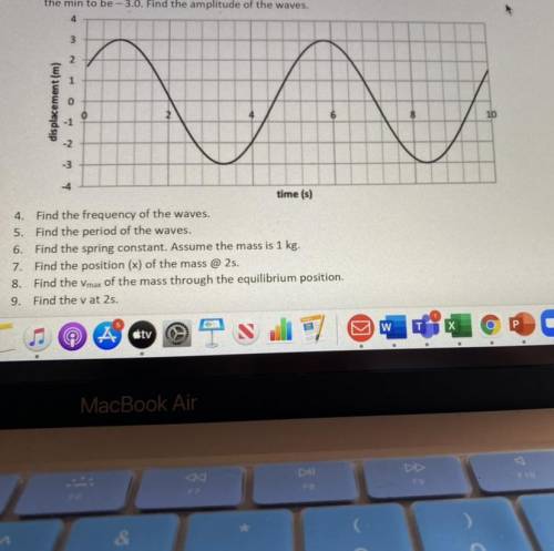 Below is the position (x) vs time (t) graph for an oscillating mass. Given the max to be 3.0 and
