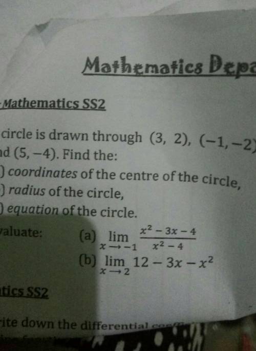 J) A circle is drawn through (3, 2), (-1, -2)

and (5,-4). Find the:(a) coordinates of the centre