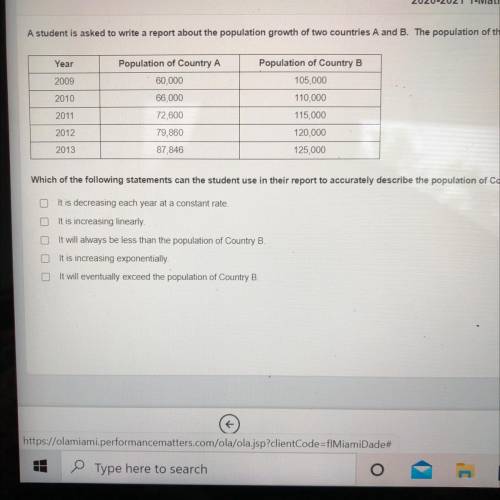 A student is asked to write a report about the population growth of two countries A and B. The popu