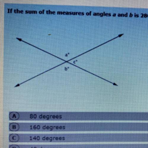 If the sum of measures of angle a and b is 280 degrees, what is the measure of angle C?

A. 80 deg