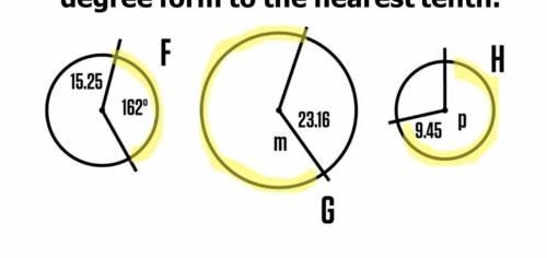 Determine the measure of the angle m and the angle p to make all three arc lengths the same