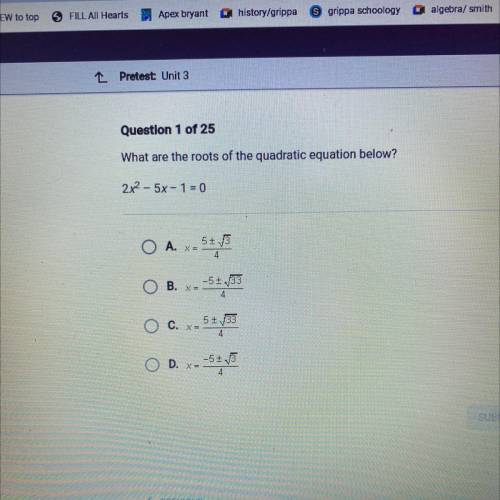 What are the roots of the quadratic equation below?
2x^2 - 5x - 1 = 0