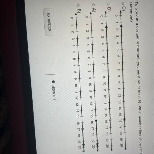 To work at a certain restaurant, you must be at least 16. What number line shows the graph of this