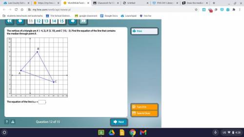 The vertices of a triangle are A (−4, 2), B (3, 10), and C (10, −3). Find the equation of the line