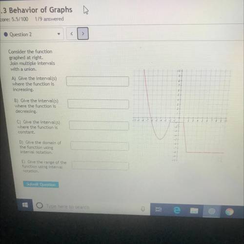 Consider the function

graphed at right.
Join multiple intervals
with a union.
A) Give the interva