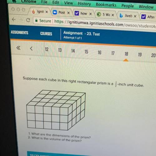 Suppose each cube in this right rectangular prism is a -inch unit cube.

1. What are the dimension
