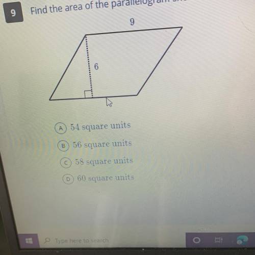 Find the area of the parallelogram shown below and choose the appropriate result.
9
6