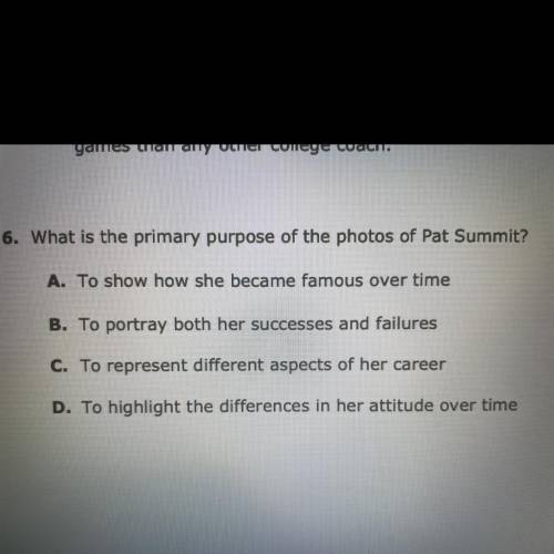 6. What is the primary purpose of the photos of Pat Summit?

A. To show how she became famous over