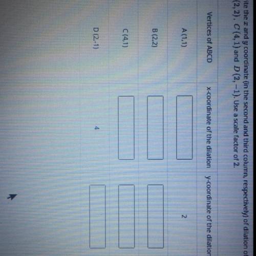 Write the X and Y coordinate (in the second and third column, respectively) of dilation of quadrila