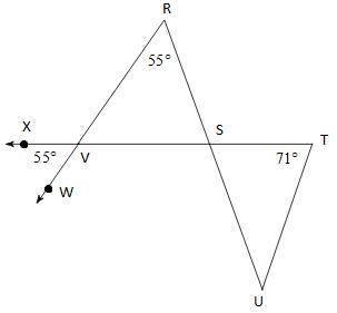 Please help ill mark brainliest

1. ∠XVR =2. ∠RVS =3. ∠WVS =4. ∠RST =5. ∠RSV =6. ∠VSU =7. ∠UST =8.