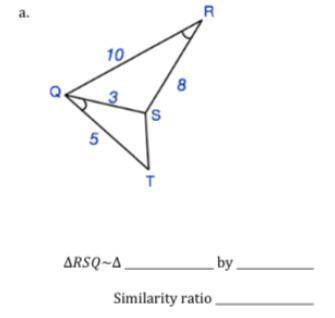 Are the triangles similar? Write similarity statement, postulate or theorem proving why, and simila