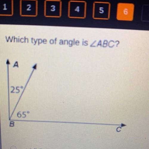 Which type of angle is ZABC?

A
259
65°
B
O ZABC is a straight angle.
ZABC is a vertical angle.
O