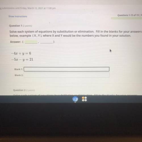 Solve each system of equations by substitution or elimination. Fill in the blanks for your answers