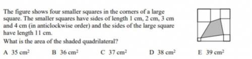 The figure shows four smaller squares in the corners of a large square. the smaller squares have si