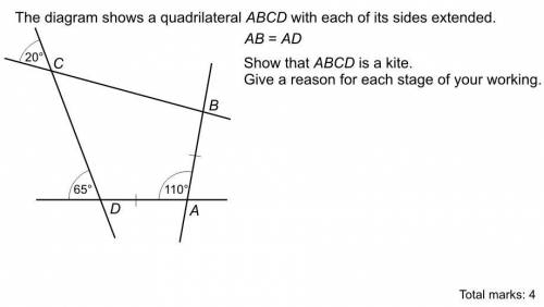 The diagrams shows a quadrilateral ABCD with each of its sides extended

AB=ADshow the ABCD is a k