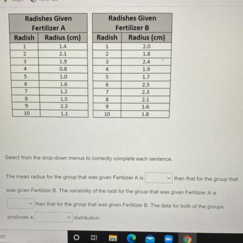 Radishes Given

Fertilizer A
Radish Radius (cm)
1
1.4
2
2.1
3
1.9
4
0.8
5
1.0
6
1.6
7
1.2
8
1.5
9