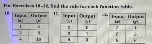 Please help, will mark brainliest!!

For exercises 10-12, find the rule for each function table￼￼.