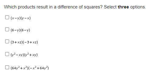 Which products result in a difference of squares? Select three options.