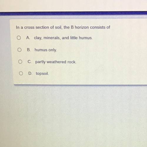 In a cross section of soil, the Bhorizon consists of

A clay, minerals, and little humus
B. humus