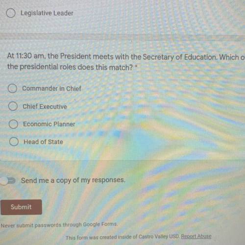 At 11:30 am, the President meets with the Secretary of Education. Which of

the presidential roles