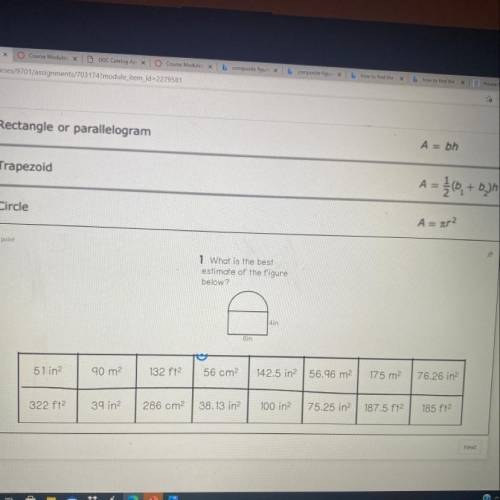 1 What is the best

estimate of the figure
below?
4in
bin
51 in 2
90 m2
132 ft2
56 cm2
142.5 in2