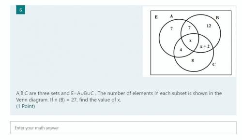 A,B,C are three sets and E=A∪B∪C . The number of elements in each subset is shown in the Venn diagr